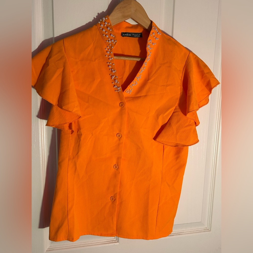 SHEIN Orange Ruffled Mandarin Collar Blouse